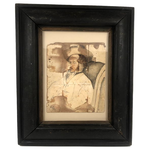 Portrait of Smoking Man, Fine 19th C. John Henry Sylvester British Watercolor Drawing