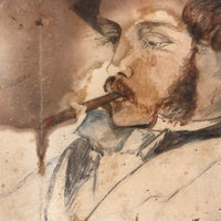 Portrait of Smoking Man, Fine 19th C. John Henry Sylvester British Watercolor Drawing