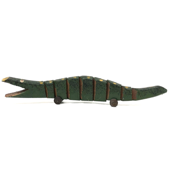 Wonderful Old Painted Wooden Folk Art Crocodile  on Tin Wheels