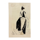 Woman with Fan and Bustle, 1886 Signed Ink Drawing, Mounted as Found