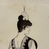 Woman with Fan and Bustle, 1886 Signed Ink Drawing, Mounted as Found