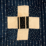 Boldly Graphic Handmade Quilt, Indigo Calico with Piecework Squares and Shirting Fabric Reverse