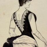 Woman with Fan and Bustle, 1886 Signed Ink Drawing, Mounted as Found
