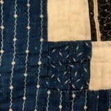 Boldly Graphic Handmade Quilt, Indigo Calico with Piecework Squares and Shirting Fabric Reverse