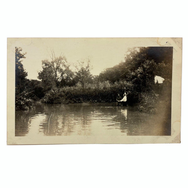 Thickly Atmospheric Open Water Baptism Scene with Curious Third Man in the Brush, 1920s Snapshot