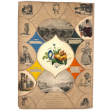 19th C Large Scrapbook Page Composition with Very Fine Botanical Watercolor at Center