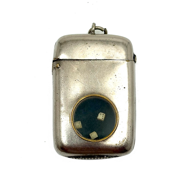 Early 20th C. Plated Pendant Vesta with Window to Tiny Bone Dice