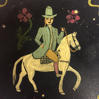 Hand-painted Round Tin Box with Woman on Horseback