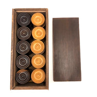Gorgeous Antique Turned Hardwood Checkers Set in Original Slidetop Box