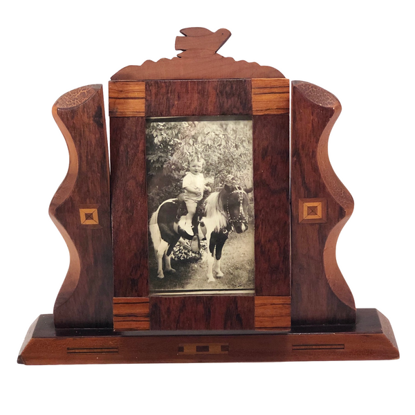 Handmade Wooden Inlay Swivel Picture Frame with Bird on Top