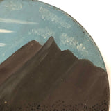 Folk Art Painting on Tin Lid with Boaters, Mountains, Teepees, Camp Fire