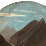 Folk Art Painting on Tin Lid with Boaters, Mountains, Teepees, Camp Fire
