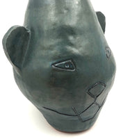 Large, Heavy, Blue-Green Glazed Presumed Kid Made Bear (?) Face Vase!