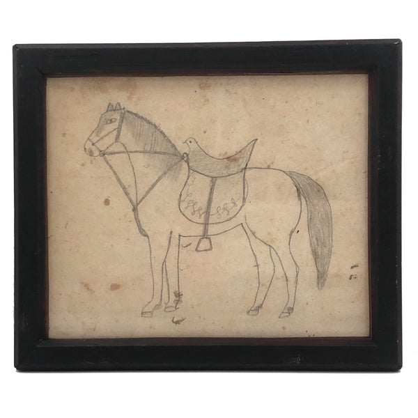 Naive 19th Century Graphite Drawing, Horse and Bird Symbiosis