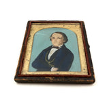 Miniature 1840s Folk Art Painted Portrait of Gentleman in Daguerreotype Frame