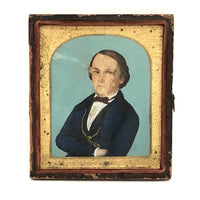 Miniature 1840s Folk Art Painted Portrait of Gentleman in Daguerreotype Frame
