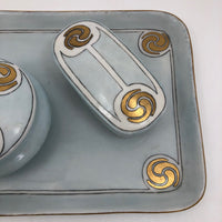 Antique Handpainted Pale Blue Art Deco Porcelain Vanity Set with Gold Accents
