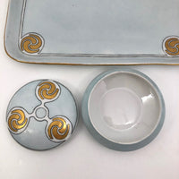 Antique Handpainted Pale Blue Art Deco Porcelain Vanity Set with Gold Accents