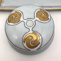 Antique Handpainted Pale Blue Art Deco Porcelain Vanity Set with Gold Accents