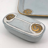 Antique Handpainted Pale Blue Art Deco Porcelain Vanity Set with Gold Accents