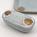 Antique Handpainted Pale Blue Art Deco Porcelain Vanity Set with Gold Accents