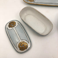Antique Handpainted Pale Blue Art Deco Porcelain Vanity Set with Gold Accents