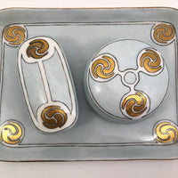 Antique Handpainted Pale Blue Art Deco Porcelain Vanity Set with Gold Accents
