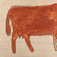 Antique Child Drawn Pencil and Watercolor Cow Drawing