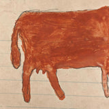 Antique Child Drawn Pencil and Watercolor Cow Drawing