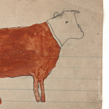 Antique Child Drawn Pencil and Watercolor Cow Drawing
