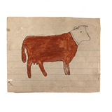 Antique Child Drawn Pencil and Watercolor Cow Drawing