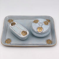 Antique Handpainted Pale Blue Art Deco Porcelain Vanity Set with Gold Accents