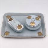 Antique Handpainted Pale Blue Art Deco Porcelain Vanity Set with Gold Accents