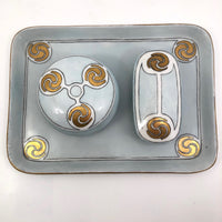 Antique Handpainted Pale Blue Art Deco Porcelain Vanity Set with Gold Accents