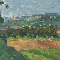 Chaloi Leonty, Russian, 1970 Oil on Cardboard River Landscape with Big Sky