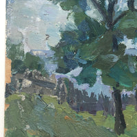 Chaloi Leonty, Russian, 1970 Oil on Cardboard River Landscape with Big Sky
