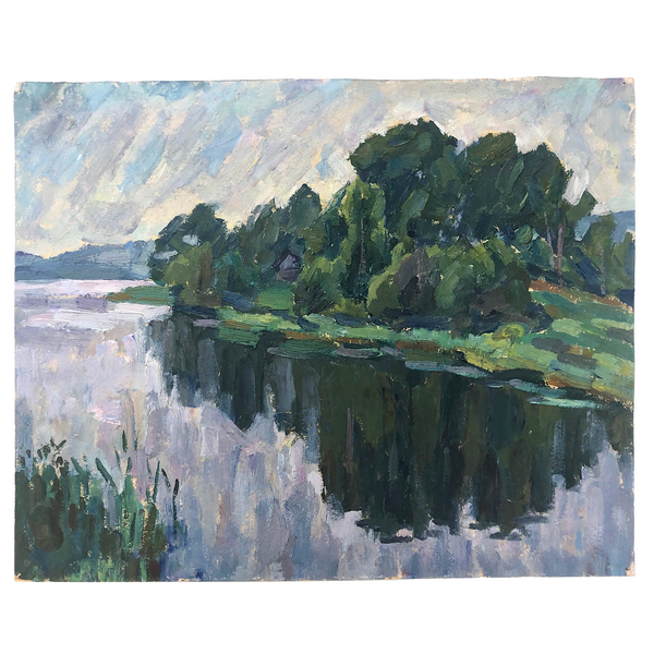 Chaloi Leonty, Painterly 1976 Oil on Cardboard Trees and Water Russian Landscape
