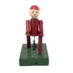 Cute Wooden Man in Red on Green Base Old Spring Action Toy