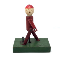 Cute Wooden Man in Red on Green Base Old Spring Action Toy