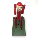 Cute Wooden Man in Red on Green Base Old Spring Action Toy