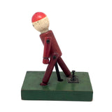 Cute Wooden Man in Red on Green Base Old Spring Action Toy