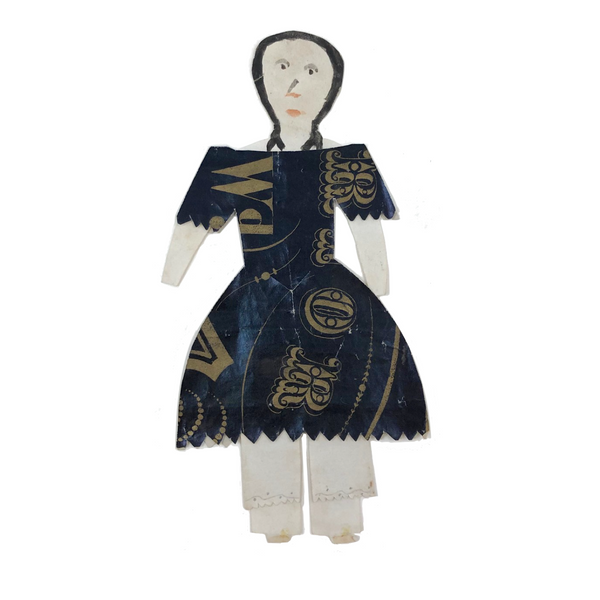1860s Hand-painted Paper Doll with Blue and Gold Dress