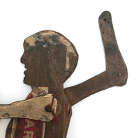 Antique Cigar Box Wood Jointed Figure with Hand-drawn Face and One Leg Lost