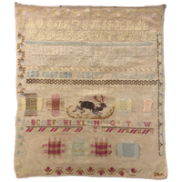 Large English Woolen Sampler with Alphabets, Darning Patterns, and Deer