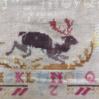 Large English Woolen Sampler with Alphabets, Darning Patterns, and Deer