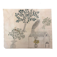 Naive Antique Pencil Drawing of House and Trees and Chandelier!