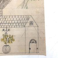 Naive Antique Pencil Drawing of House and Trees and Chandelier!