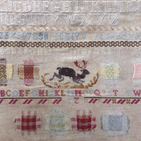 Large English Woolen Sampler with Alphabets, Darning Patterns, and Deer