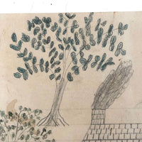 Naive Antique Pencil Drawing of House and Trees and Chandelier!