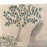 Naive Antique Pencil Drawing of House and Trees and Chandelier!